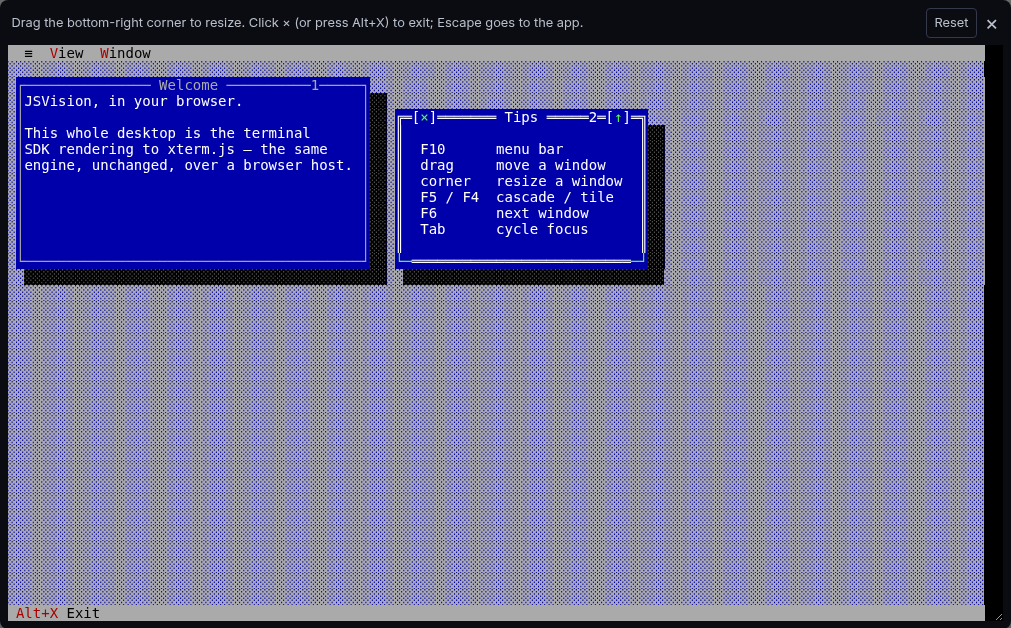 The Turbo Vision-style JSVision desktop with two movable windows