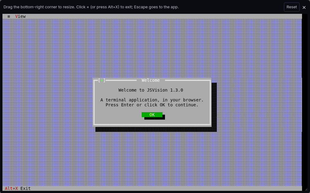 JSVision desktop with a centered welcome dialog
