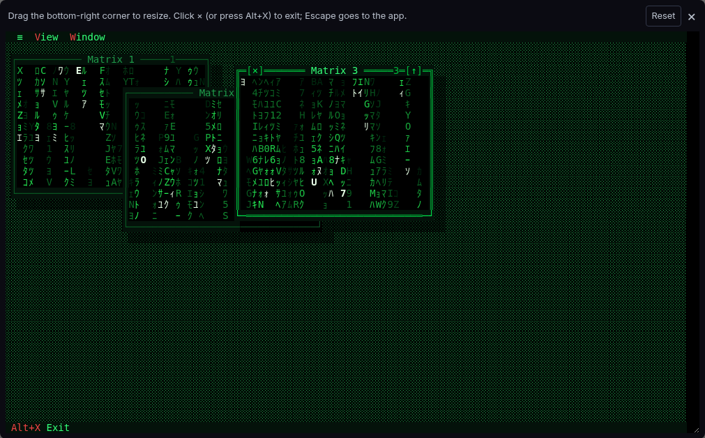 Three green Matrix digital-rain windows on a black desktop
