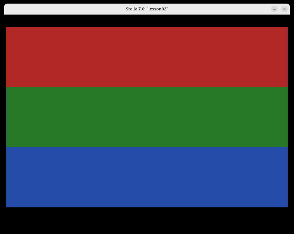 Stella emulating the Lesson 02 landmark ROM — three equal horizontal color bands: red, green, and blue from top to bottom