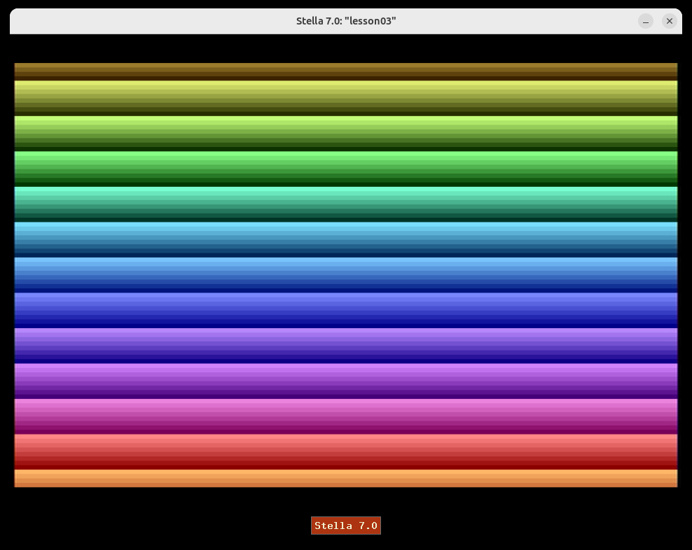 Stella running the Lesson 03 tour ROM โ a full-screen rainbow of horizontal color bands that scroll downward, produced by writing a different COLUBK value on every scanline