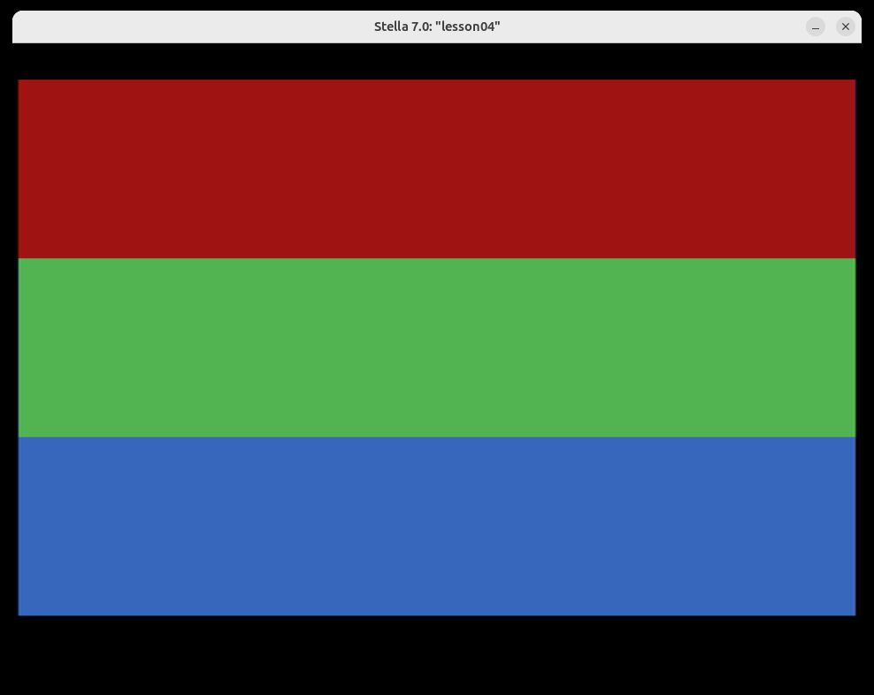 Stella running the Lesson 04 ROM — the screen is divided into three equal horizontal color bands: red on top, green in the middle, and blue on the bottom, one per CPU register (A, X, Y) read back from RAM