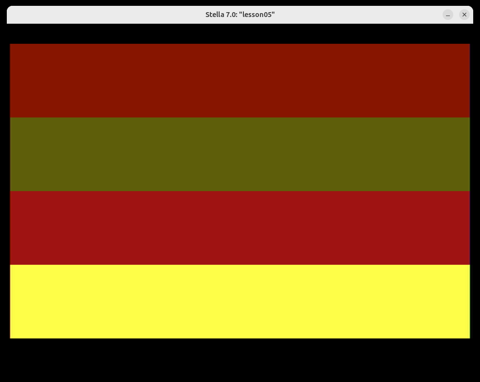 Stella running the Lesson 05 calculator ROM — four horizontal color bands, one each for NumA, NumB, their sum, and their difference, stacked top to bottom