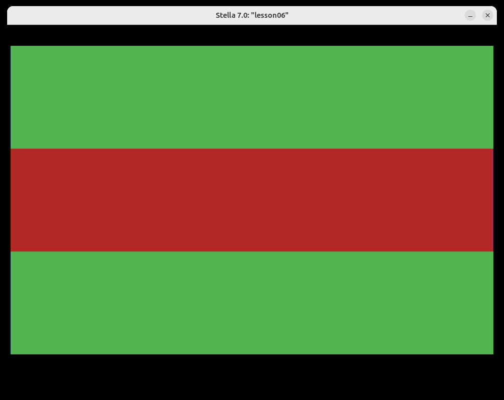 Stella running the Lesson 06 comparison ROM — three horizontal bands, green then red then green, one per CMP result